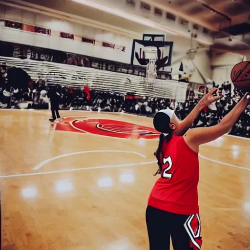 Prompt: woman shooting a basketball on court in a chicago bulls jersey