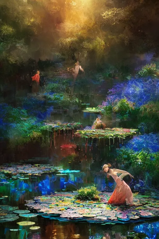 Image similar to nenufar in a pond, colorful, blue backgroung,clean, joyful, intricate, elegant, volumetric lighting, digital painting, highly detailed, artstation, sharp focus, illustration, concept art, ruan jia, steve mccurry