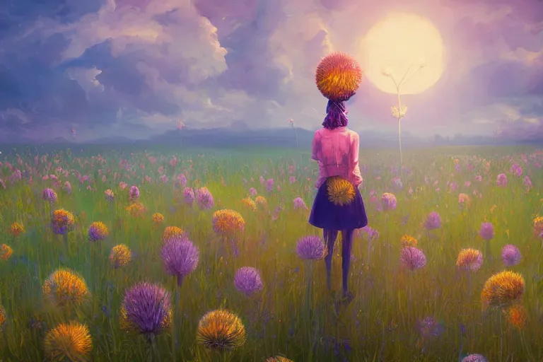 Image similar to closeup, giant thistle flower under head, a girl in a suit in field of flowers, surreal photography, sunrise, blue sky, dramatic light, impressionist painting, digital painting, artstation, simon stalenhag