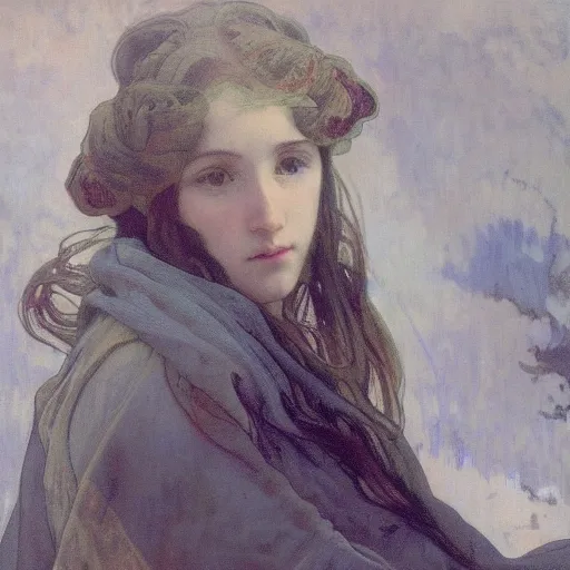 Image similar to a beautiful painting of a young girl in the scottish highlands, underexposed and overcast, by alphonse mucha, john sargent, and octane.