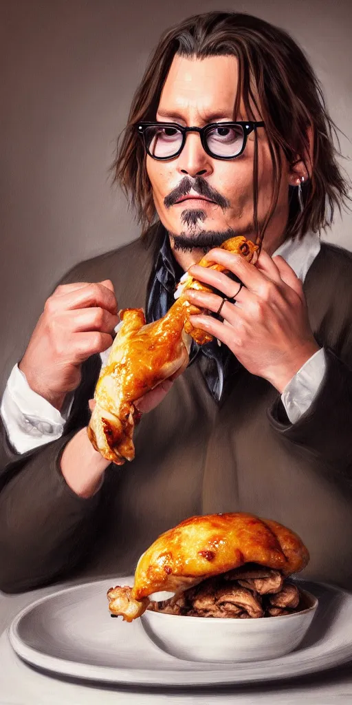 Prompt: ( hyperrealistic portrait of fat johnny depp eating chicken, on a filthy table filled with dirty plates ) by noah bradley, photorealistic, dynamic lighting, very detailed faces, trending on artstation, wallpaper, dream, 4 k, award winning, lovely pastel colors, ethereal, elegant
