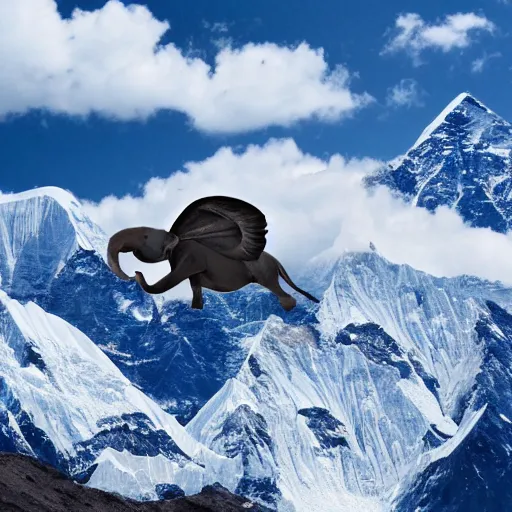 Prompt: a flying elephant using its ears as wings flying over mount everest, 4 k hd photography