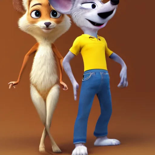 Image similar to 3 d render, portrait, mid shot, disney prince as a anthropomorphic mouse, female, blond fur, blue eyes, wearing denim short shorts, wearing a off yellow tank top shirt, solo, in the style of zootopia