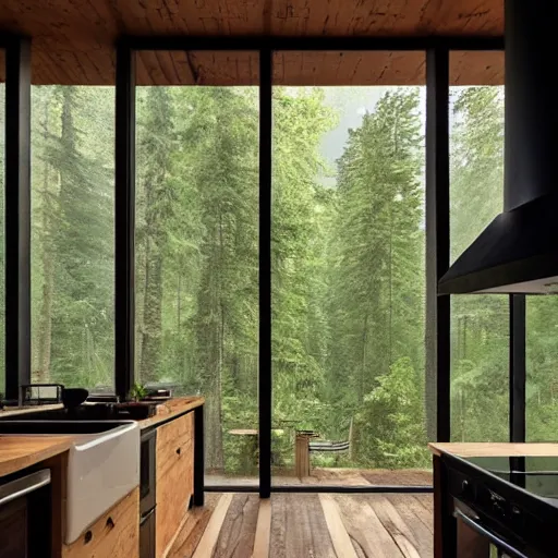 Image similar to a modern kitchen inside of a wooden cabin designed by peter zumthor, surrounded by tropical vegetation, poetic architecture, digital painting, greg rutkowski, artstation