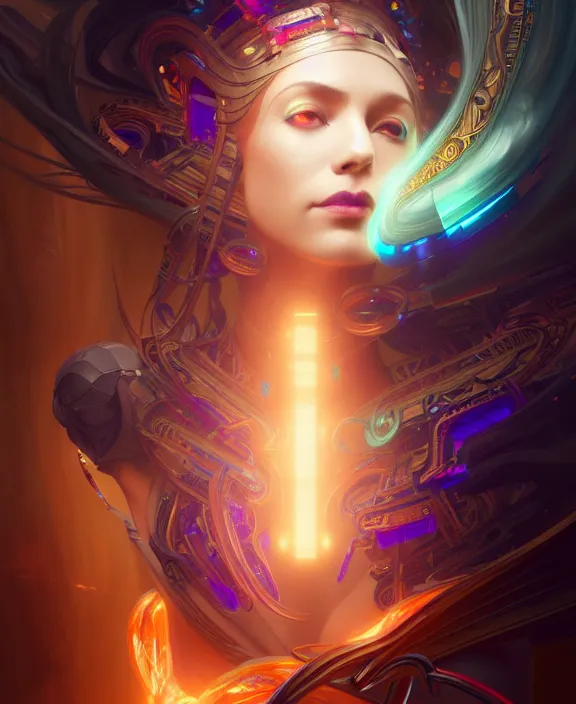 Image similar to a whirlwind of souls rushing inside the metaverse, half body, glowin eyes, tiara with sapphire, pharaoh, android, cyberpunk, d & d, fantasy, intricate, elegant, highly detailed, colorful, vivid color, digital painting, artstation, concept art, art by artgerm and greg rutkowski and alphonse mucha and ruan jia