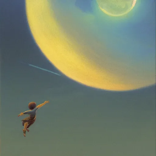 Image similar to atmospheric painting of a boy flying in the sky by moebius and john harris, atmospheric, concept art, saturation 2