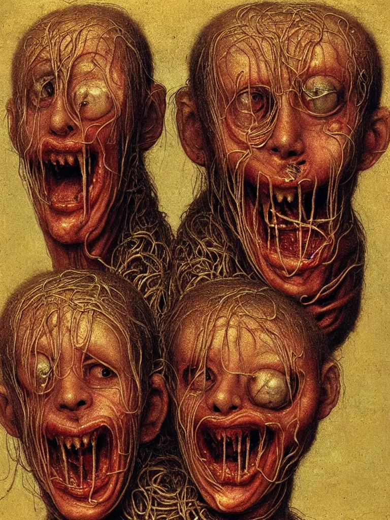 Image similar to siamese twins made of spaghetti, looking straight into camera, screaming in desperation, by giuseppe arcimboldo and ambrosius benson, renaissance, intricate and intense oil paint, a touch of joseph cornell, beksinski and hr giger and edward munch, realistic