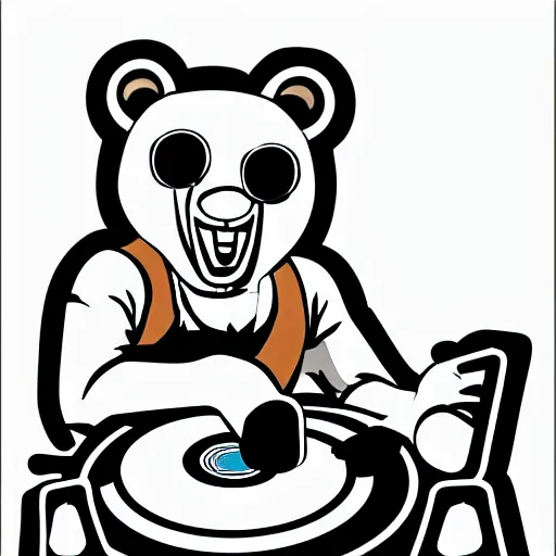 Prompt: svg sticker of a Dancing-Bear, at a rave, spinning records, giant headphones rocking out, wearing headphones, huge speakers, dancing, rave, DJ, spinning records, digital art, amazing composition, rule-of-thirds, award-winning, trending on artstation, featured on deviantart