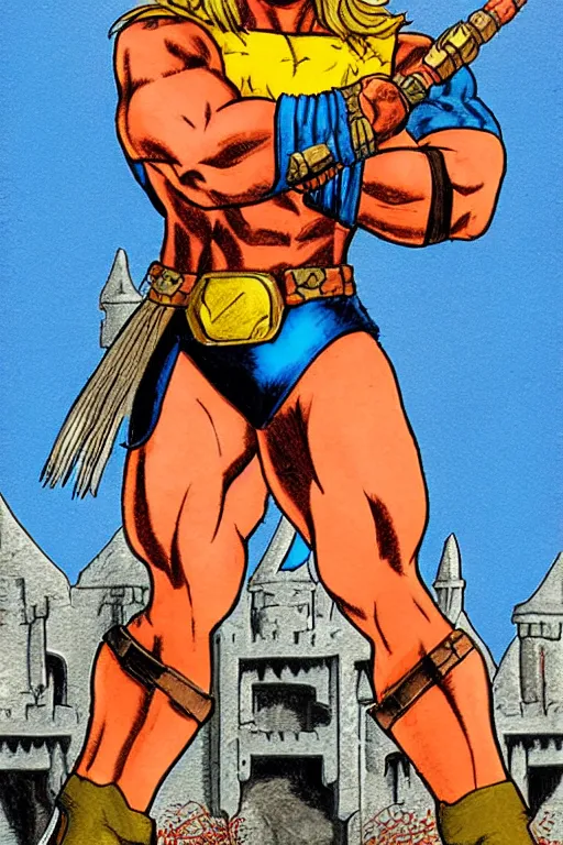 Prompt: He-Man in front of castle Grayskull in the style of Ken Kelly