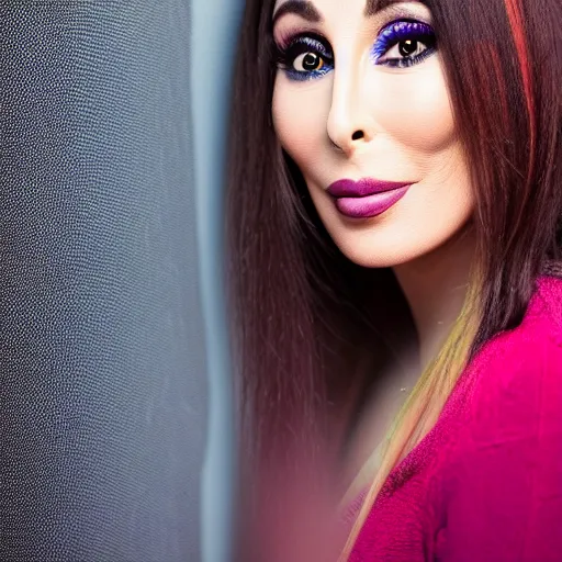 Image similar to Photo of Cher Llyod, close-up, high detail, studio, cheerful background, smoke, 85mm Sigma Art Lens