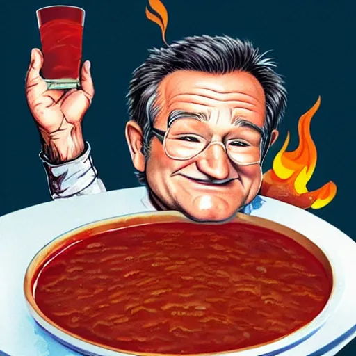 Image similar to robin williams sinking into a pit of bbq sauce, reaching towards the camera, childrens book illustration