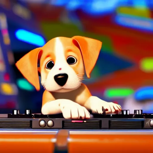 Image similar to puppy as a DJ, 8k, by Pixar