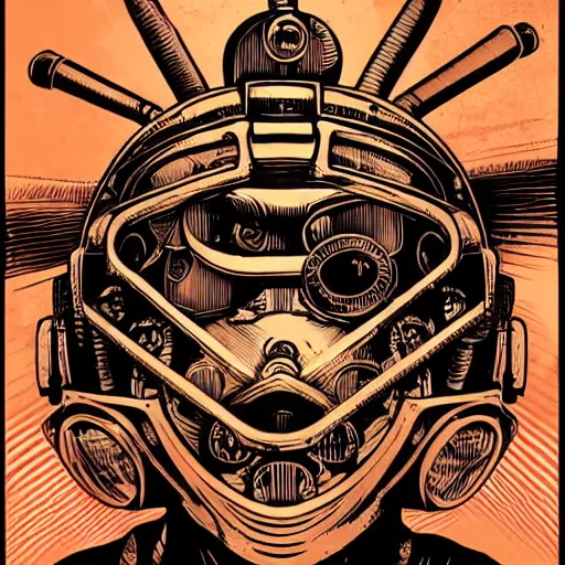 Image similar to Illustrated by Shepard Fairey and H.R. Geiger | Steampunk Mad Max with VR helmet, surrounded by cables