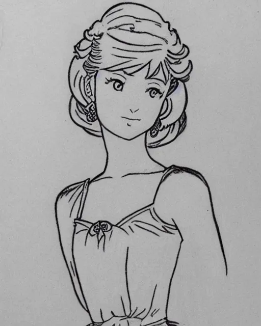 Prompt: inked sketch of princess diana, drawn by naoko takeuchi, 8 0 s shoujo manga,