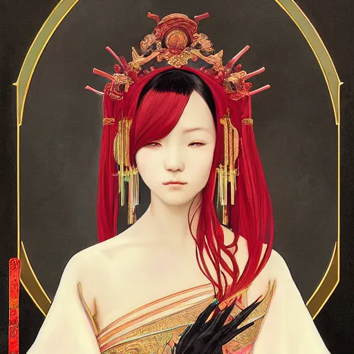 Prompt: a beautiful portrait of hatsune miku with long black and deep red colored hair dressed as a 1 st century chinese noblewoman, intricate, elegant, highly detailed, digital painting, artstation, concept art, matte, sharp focus, illustration, art by greg rutkowski and alphonse mucha