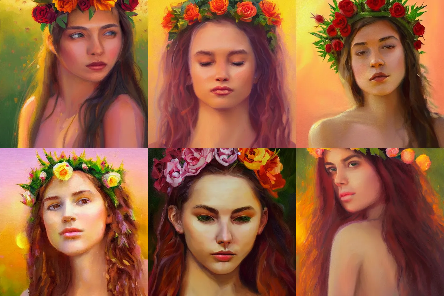 Prompt: young hippie queen in flower and thorn crown in rose garden portrait painting study, slim face, glowy dreamy golden sunset, oil on canvas, loose brushwork, featured trending on artstation