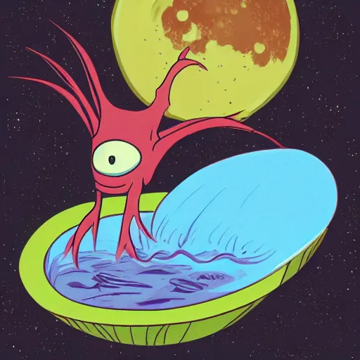 Image similar to an alien taking a wine bath on the moon.