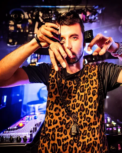 Prompt: a leopard dj playing a set in a club with a camera in his hand