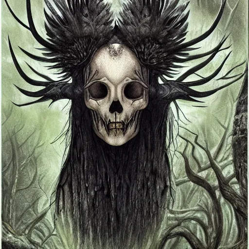 Prompt: ancient fae covered in black tendrilled fur, wearing ram skull, forest, heavy fog, fantasy, ultra realistic