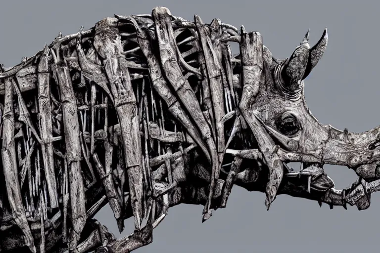 Image similar to a cinematic view of the entire skelleton of a rhino made of stained bones, true realistic image, detailed image