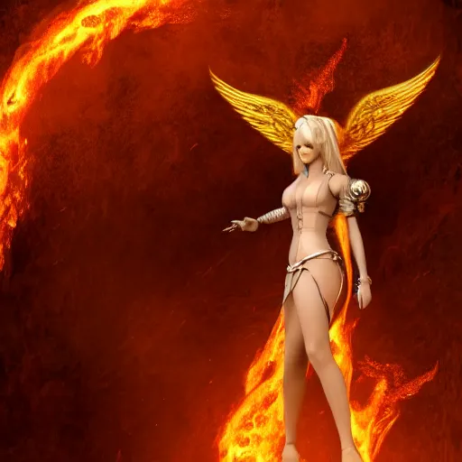 Image similar to pretty blond steampunk angel surrounded by lava, 8 k, shallow depth of field, 8 k, ultra high detail, concept art,