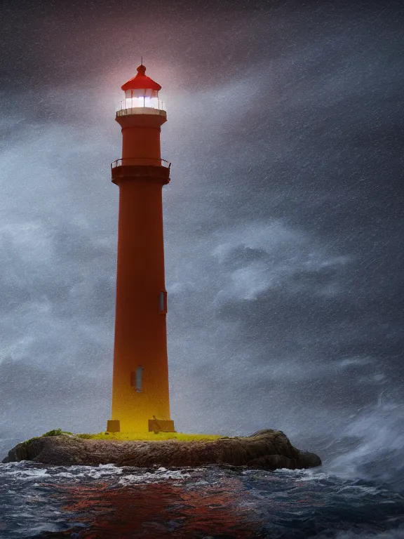 Image similar to photo of 8k ultra realistic lighthouse on island, heavy rain, night, light shining, heavy seas, full of colour, cinematic lighting, battered, trending on artstation, 4k, hyperrealistic, focused, extreme details,unreal engine 5, cinematic, masterpiece, art by studio ghibli