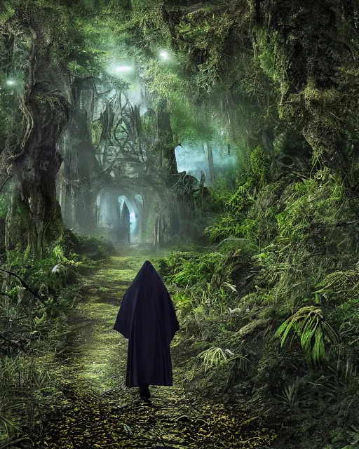 Image similar to a wise wizard walking towards an ominous ruin in a densely overgrown, eerie jungle, fantasy, stopped in time, dreamlike light incidence, ultra realistic