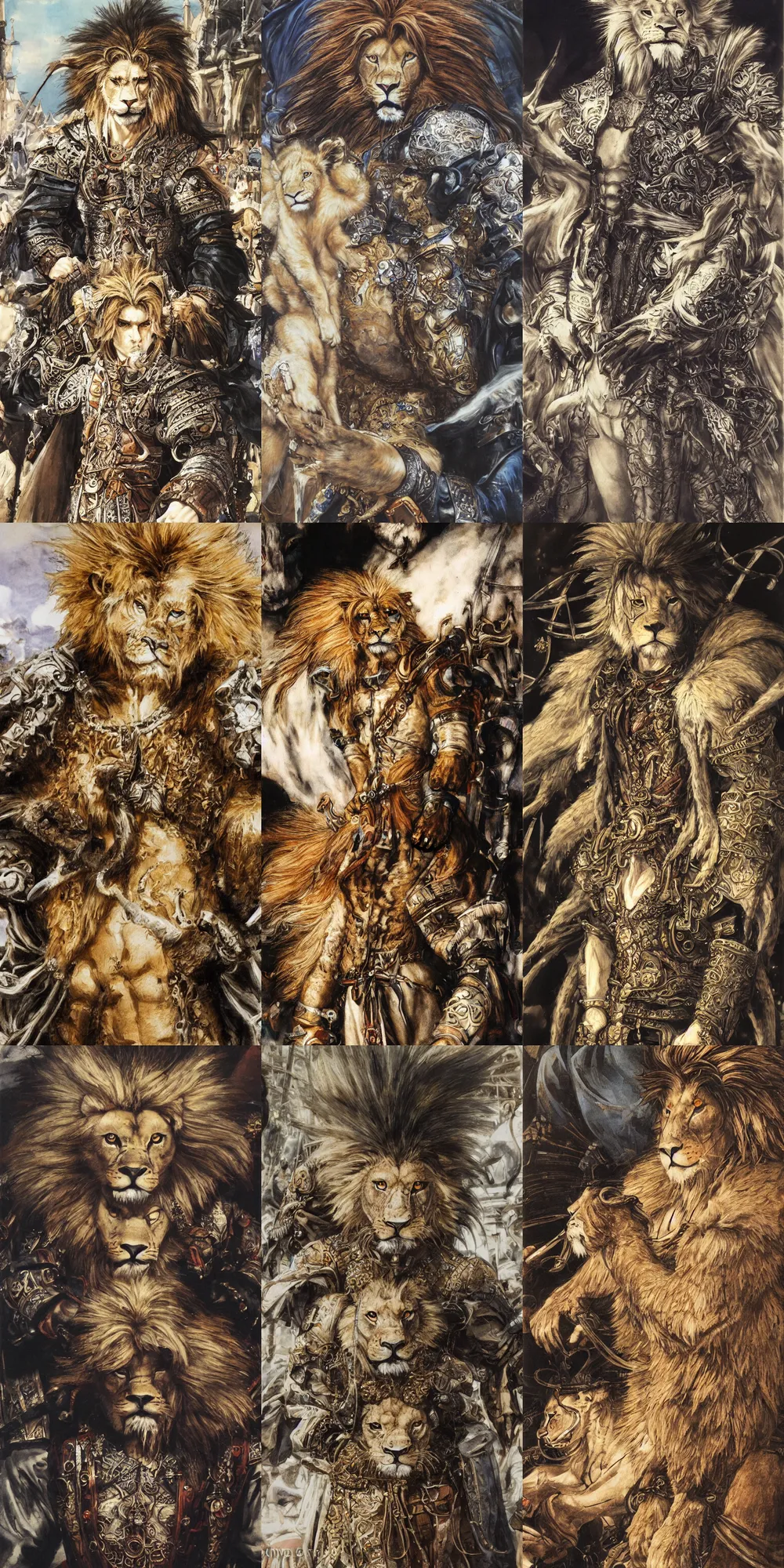 Image similar to 8 k yoshitaka amano painting of upper body of a young cool looking lion beastman with white mane at a medieval market at windy day. depth of field. he is wearing complex fantasy clothing. he has huge paws. renaissance style lighting.