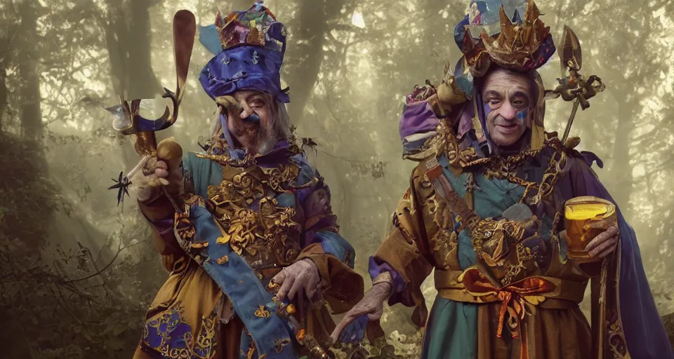 Image similar to robert de niro as medieval jester, crazy colorful clothing with a heavy golden mace in his left hand and a beer jug in his right hand, full body shot and detailled face, symmetrical face, intricate details, wandering through a forbidden forest, trending on artstation, 8k hyperrealistic, style of peter mohrbacher, octane render, unreal engine