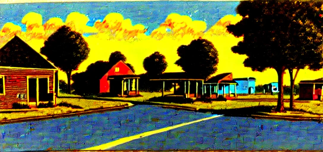 Image similar to concept art of a small rural town in middle America in the 1960s, detailed, Americana, golden hour