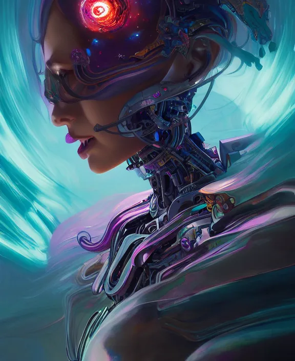 Prompt: whirlwind souls rushing inside metaverse, half body, tiara, robotic, android, cyborg, cyberpunk face, by loish, d & d, fantasy, intricate, elegant, highly detailed, colorful, vivid color, digital painting, artstation, concept art, art by artgerm and greg rutkowski and alphonse mucha and ruan jia