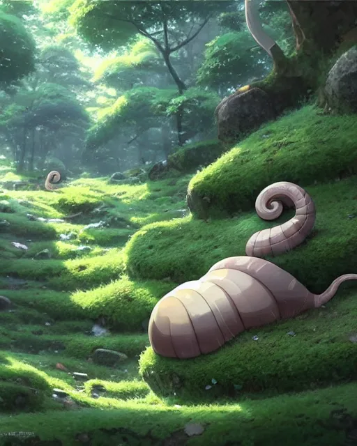 Image similar to a cute large snail with a shell made of stone and moss, lush aspen forest, great detail, epic composition, top down angle ， by makoto shinkai an krenz cushart