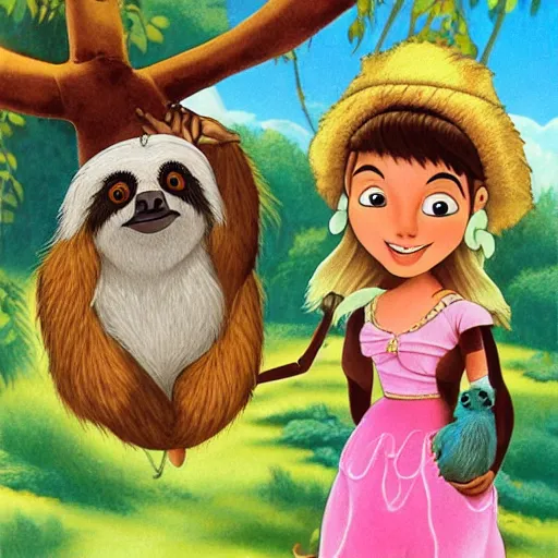 Prompt: a beautiful young indian cottagecore witch holds a cute sloth, 1 9 9 5 disney animation, highly detailed