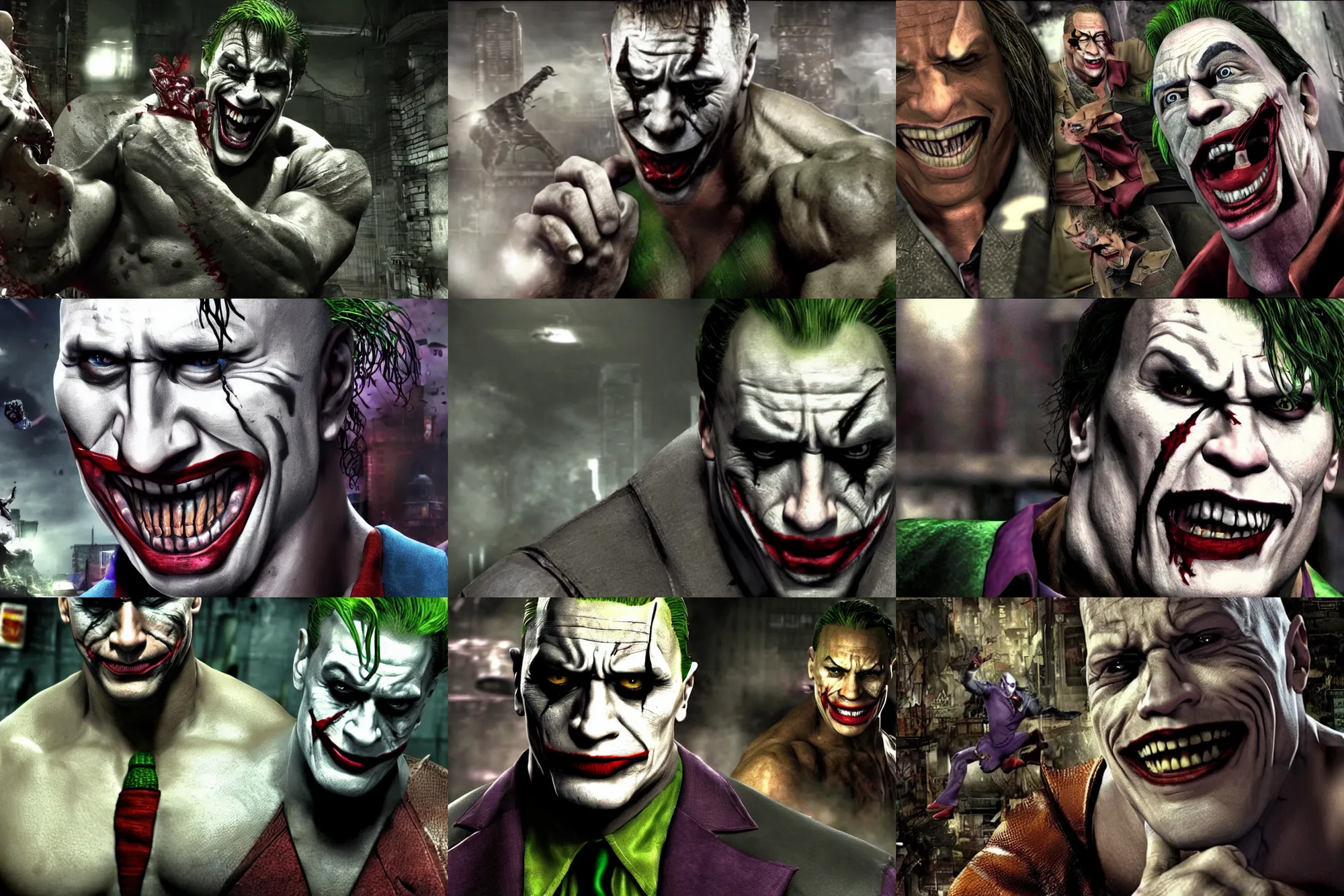 Prompt: dwayne johnson as the joker in arkham asylum ( 2 0 0 9 ), ps 3 gameplay screenshot 1 0 8 0 p