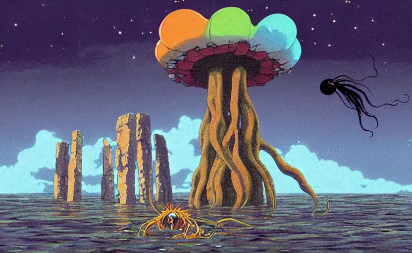 Prompt: a realistic cell - shaded studio ghibli concept art from paprika ( 2 0 0 6 ) of a flying multi - colored octopus from close encounters of the third kind ( 1 9 7 7 ) and a grey long - haired witch in a flooded stonehenge on a misty starry night. very dull colors, wide shot, hd, 4 k, hq