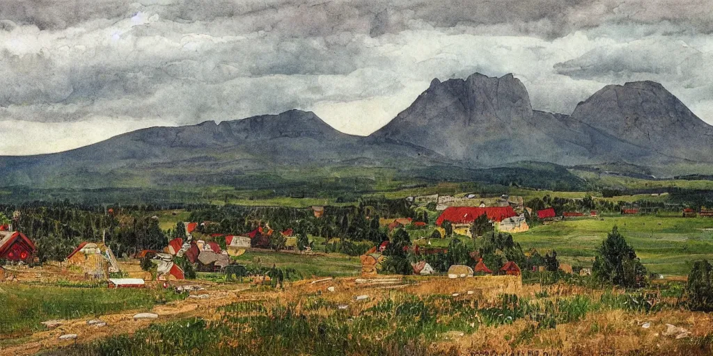 Prompt: dramatic swedish country side, mountains in the background, dramatic lighting, in the style of carl larsson