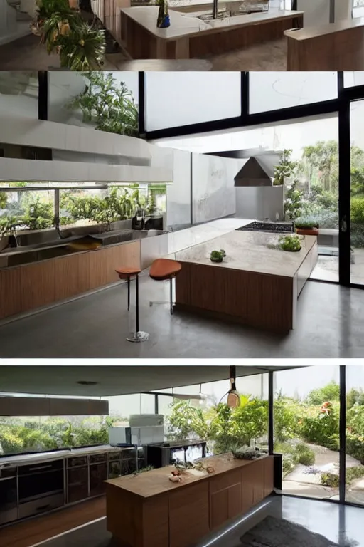 Image similar to a gigantic modern kitchen in a light and beautiful room with plants and furniture by john lautner, high detail, hyper-realistic environment