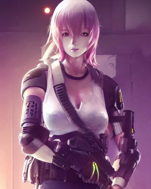 Image similar to nami, anime key visual of a young female swat officer, neon, cyberpunk, futuristic, white clothing, black vest, swat helmet, stunning, highly detailed, digital painting, smooth, soft focus, illustration, 4 k digital art from artstation by artgerm and greg rutkowski and alphonse mucha