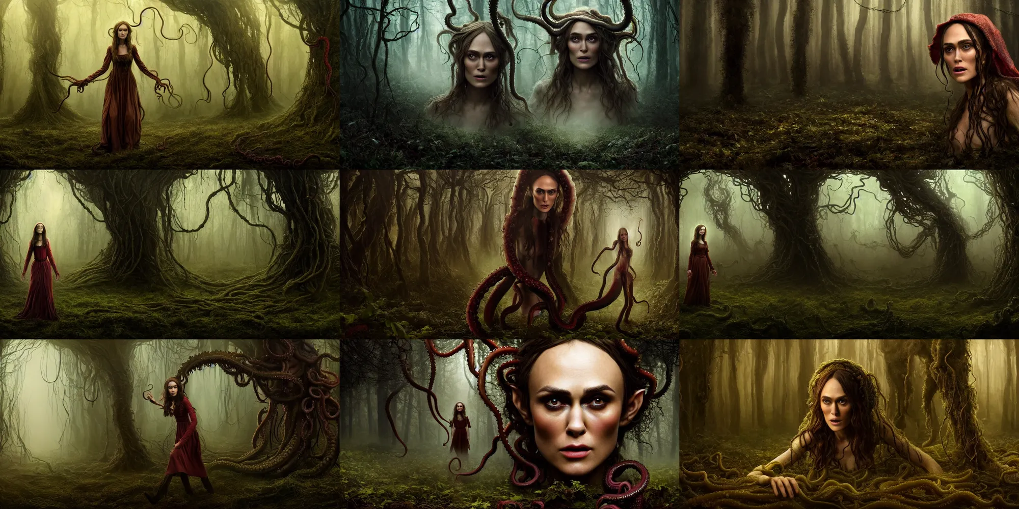 Prompt: a very high resolution matte oil painting of a cosmic horror monstrosity ( tentacles ) inside of forest with terrified fleeing elf woman ( portrait closeup keira knightly dressed as villager ) forest, extremely detailed, disturbing, cinematic, 4 k, 8 k