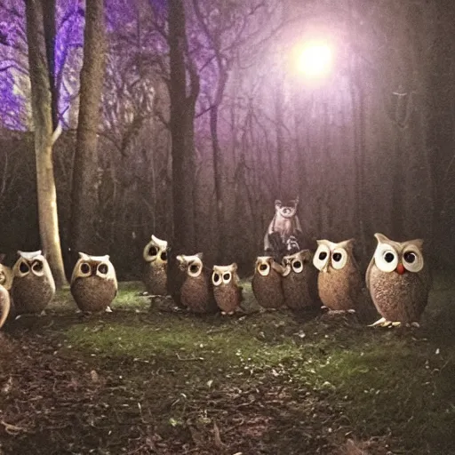 Image similar to photo of owl birthday party in the woods at night