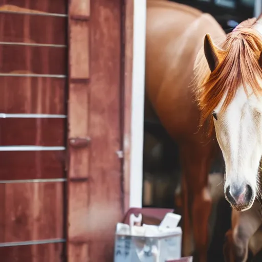 Image similar to a photo of a horse picking its nose, while in a cafe