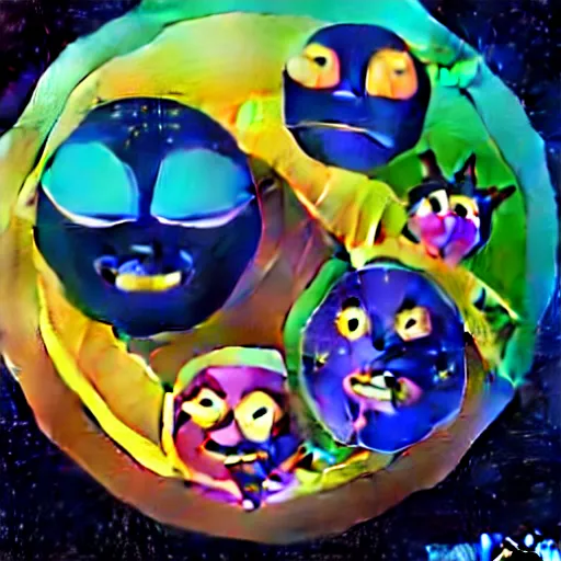 Image similar to outer space view of living planet with cartoon faces, style by kurzgesagt and pixar and dreamworks and disney