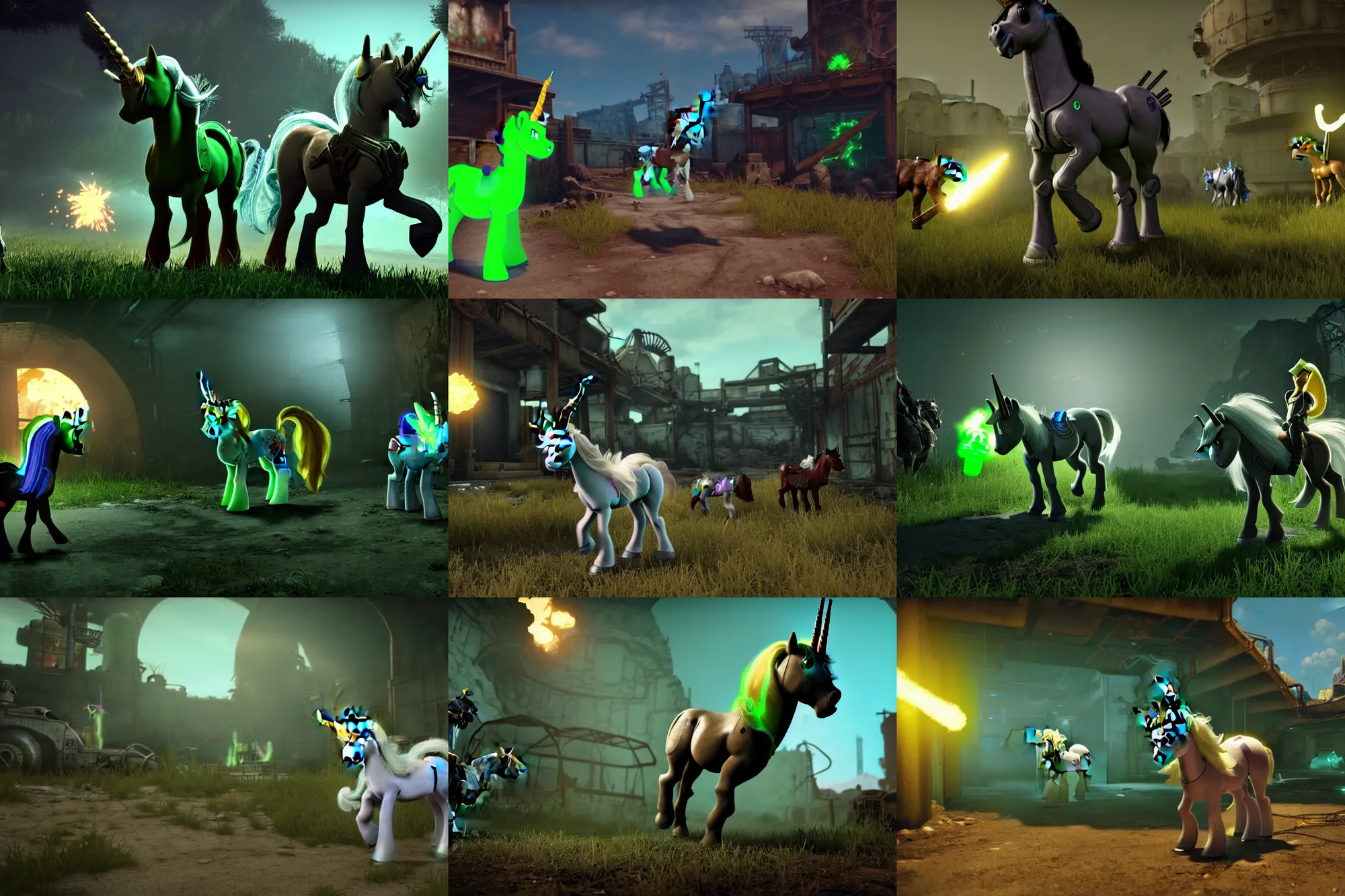 Prompt: ps 4 fps gameplay screenshot | fallout : equestria | quadrupedal, unreal engine 5, 8 k, my little pony : friendship is magic, fallout, crossover | white unicorn pony with brown shaggy mane with glowing green magic around her horn spelunking dark, decrepit vault tunnels, lighting the way with her green magic