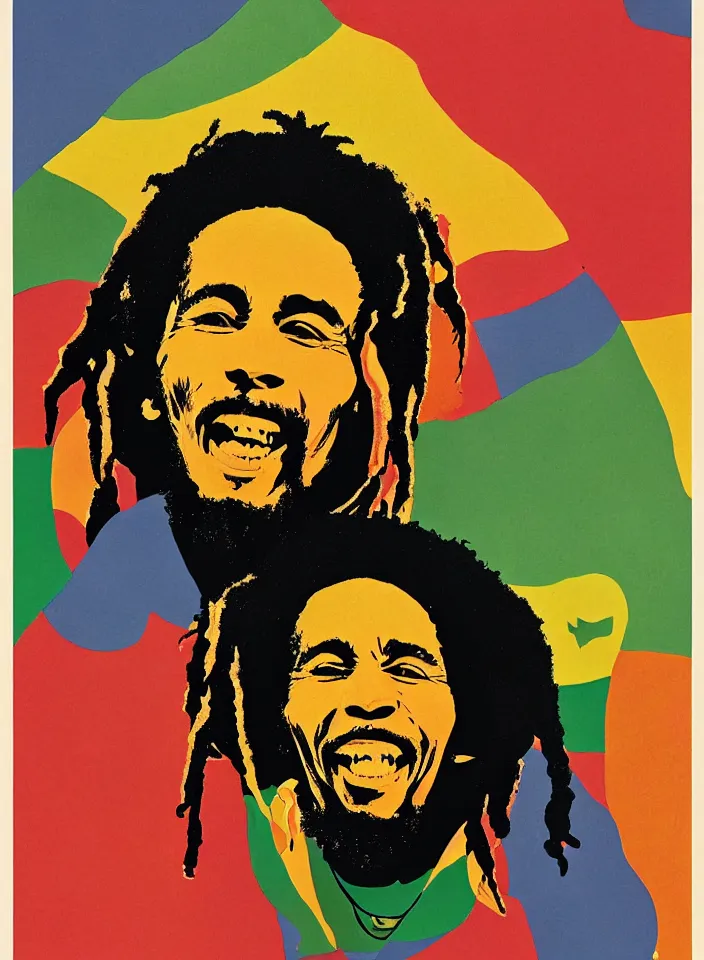 Prompt: graphic design of bob marley singing by milton glaser and lilian roxon, detailed