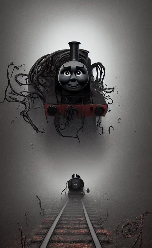 Image similar to thomas the tank engine in style of zdzisław beksinski, extremely dramatic lighting, 8 k, tendrils, black, darkness, black slime tendrils, infected, rust, body horror, thomas the train, thomas the tank engine face, horror,