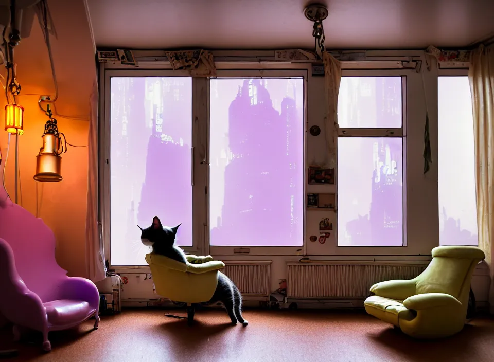 Image similar to telephoto 7 0 mm f / 2. 8 iso 2 0 0 photograph depicting the feeling of chrysalism in a cosy cluttered french sci - fi ( art nouveau ) cyberpunk apartment in a pastel dreamstate art cinema style. ( cat, computer screens, window ( city ), armchair, lamp ( ( ( fish tank ) ) ) ), ambient light.