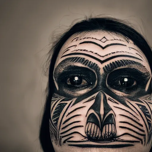 Image similar to portrait photo of a beautiful alien face with tribal tattoos on face, golden hour, 8 0 mm lens