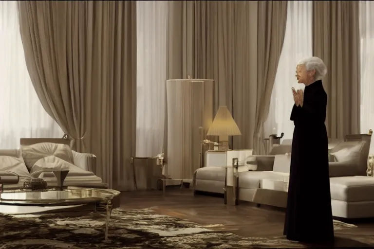 Prompt: VFX movie of old woman applauding sleek futuristic butler robot in a decadent living room by Emmanuel Lubezki