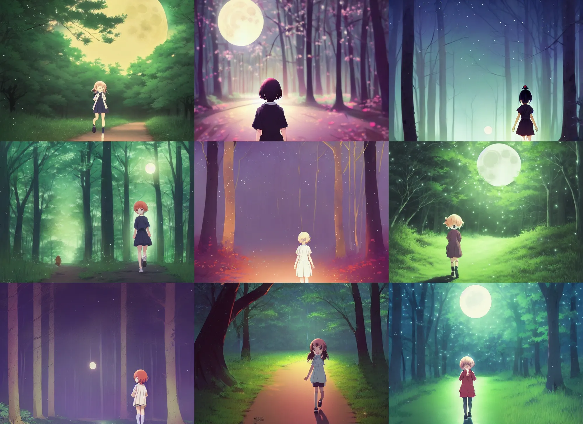 Prompt: anime visual, portrait of a curious young girl walking in a forest at night, moonlight, cute face by ilya kuvshinov, yoh yoshinari, dynamic pose, dynamic perspective, high contrast, cel shaded, rounded eyes, kyoani, natsume yuujinchou, smooth facial features, makoto shinkai