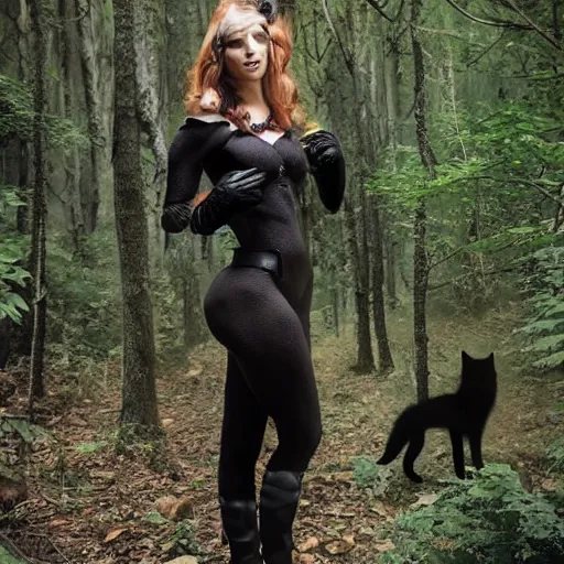 Prompt: furry cat woman in a forest 8 b 3 with real wolves